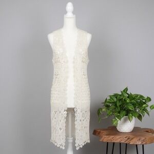 ✨ 2/$35 Rebellion Cream Crochet Vest Long Duster Boho Festival M Baddie Feminine